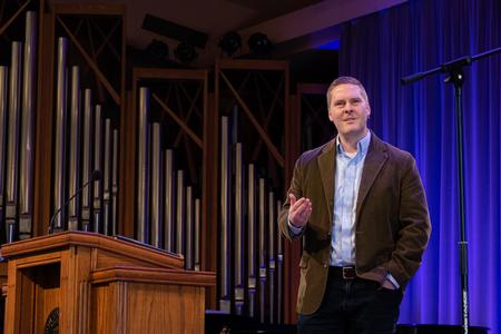 Michael Kelley, director of groups ministry for Lifeway Christian Resources, speaks in chapel. - Photo by Joey Echeverria