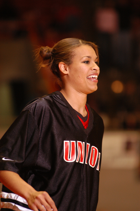 Senior forward Stephanie Clark smiles as she is introduced prior to Union opening round game in the 2005 NAIA National Tournament. - Photo by Morris Abernathy