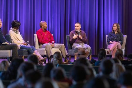 The Kings and the Marshalls speak in chapel about their combined church congregations at Grace Bible Fellowship in Sikeston, Missouri. - Photo by Kristi McMurry Woody