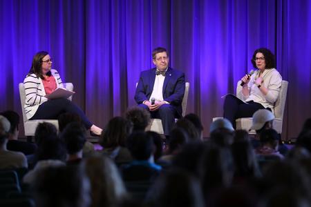 Julie Bradfield, senior director for university ministries & director for student mobilization, interviews Ray Van Neste, dean of the school of theology & missions, and Erin Slater, director of the center for academic success, during chapel. - Photo by Kristi McMurry Woody