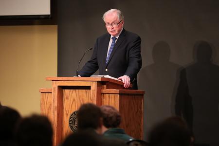 Don Carson, emeritus professor at Trinity Evangelical Divinity School, speaks on Revelation 12 during the March 6 plenary session of the Spring Bible Conference. - Photo by Sarah Palmer Goff
