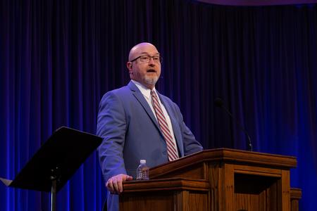 David Prince, pastor of preaching and vision at Ashland Avenue Baptist Church in Lexington, KY, speaks in chapel. - Photo by Joey Echeverria