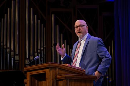 David Prince, pastor of preaching and vision at Ashland Avenue Baptist Church in Lexington, KY, speaks in chapel. - Photo by Joey Echeverria