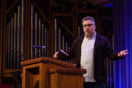 Dean Inserra, lead pastor at City Church in Tallahassee, FL, speaks in chapel. - Photo by Joey Echeverria