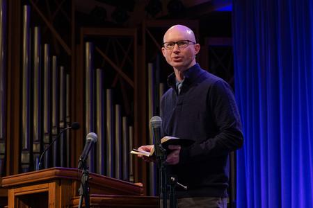 Andy Haynes, lead pastor of The Church on Seven Hills in Worcester, Massachusetts, speaks in chapel. - Photo by Joey Echeverria