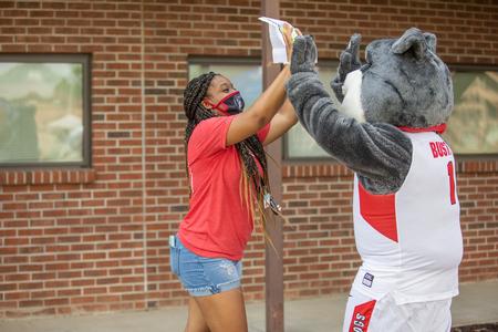Buster greets new students during New Student Move-in Day. - Photo by Kristi McMurry Woody