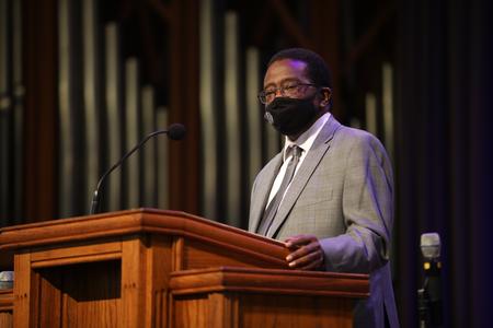 Frank Anderson, director of the center for racial reconciliation, speaks in chapel. - Photo by Sarah Palmer Goff