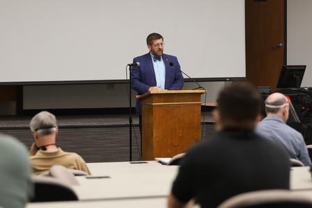 9/15/20 - Ray Van Neste, dean of the school of theology and missions, introduces Eric Smith for his lecture in Harvey Auditorium. - Kristi McMurry Woody