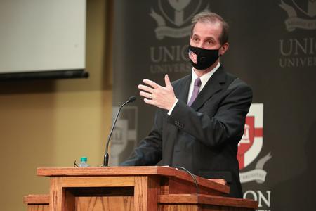 Sean Evans, professor of political science and department chair, speaks during the annual Constitution Day Lecture. - Photo by Sarah Palmer Goff