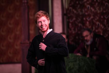 Jacob Beals performs as Malvolio in Twelfth Night. - Photo by Kristi McMurry Woody