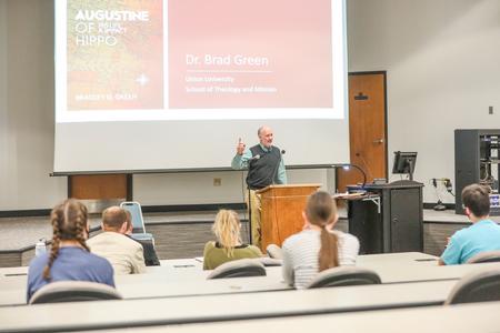 Brad Green, professor of theological studies, gives a lecture about his new book on Augustine of Hippo. - Photo by Sarah Palmer Goff