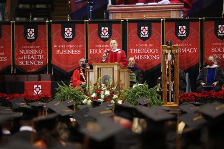 Ronnie Floyd, president and CEO of the Southern Baptist Convention’s Executive Committee, delivers the commencement address during Fall Graduation. - Photo by Kristi McMurry Woody