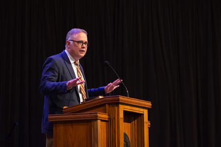 Todd Brady, vice president for university ministries, teaches from the book of Matthew during chapel. - Photo by Naomi Mengel
