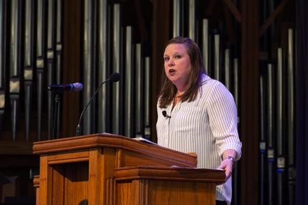 Julie Bradfield, senior director for university ministries and director for student mobilization, speaks in chapel. - Photo by Naomi Mengel