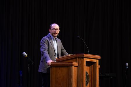 Andy Pettigrew, International Mission Board, speaks in chapel.  - Photo by Joey Echeverria