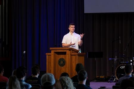Travis Jones, college & young adult minister, Englewood Baptist Church, Jackson, Tenn., speaks in chapel.
  - Photo by Joey Echeverria