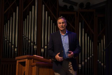 Eugene Brandt, lead pastor at Fellowship Bible Church in Jackson, TN, speaks in chapel. - Photo by Joey Echeverria