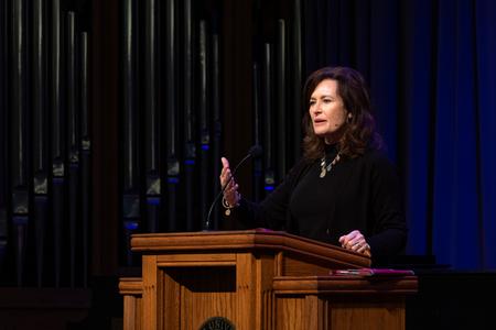 Donna Gaines, author & Bible teacher, speaks in chapel. - Photo by Joey Echeverria