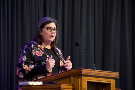 Michelle Barrett Wright, Tennessee Director of Lifeline Children's Services, speaks in chapel. - Photo by Naomi Mengel