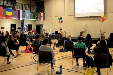 Julie Bradfield, senior director for university ministries & director for student mobilization, talks to students during the GO Trip team reveal. - Photo by Joey Echeverria