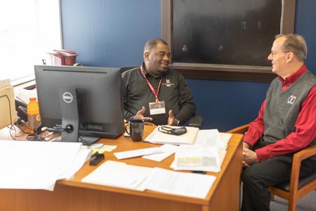 2/25/21 - Leon Jones, director for recruitment at MCUTS, chats with Greg Hollifield, associate dean for assessment and reporting at MCUTS. - Kristi McMurry Woody