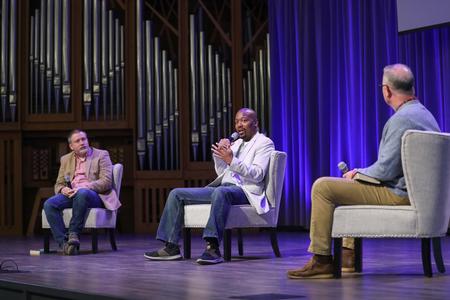 William Marshall and Kenny King, pastors of Grace Bible Fellowship in Sikeston Missouri, speak in chapel. - Photo by Kristi McMurry Woody