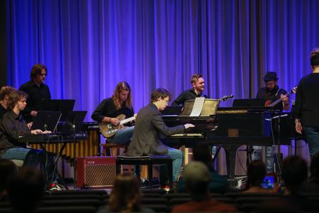Darius Mullin, biology major, plays piano with Jazz Band in the chapel. - Photo by Kristi McMurry Woody