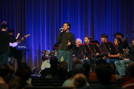 Melinda Patterson, commercial music major, performs with Jazz Band in the chapel. - Photo by Kristi McMurry Woody