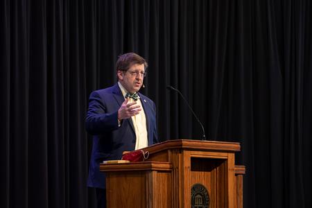 2/3/21 - Ray Van Neste, dean of the School of Theology and Missions, speaks in chapel. - Joey Echeverria
