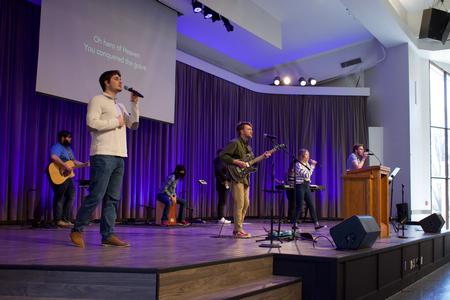 Students lead music in chapel. - Photo by Naomi Mengel