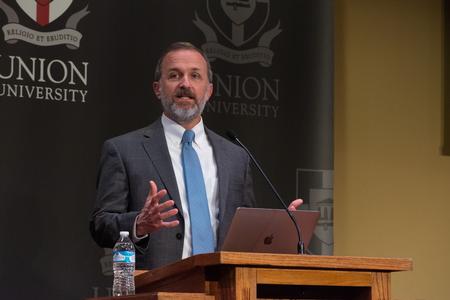 Dr. Farr Curlin, Josiah C. Trent Professor of Medical Humanities in the Trent Center for Bioethics, Humanities and History of Medicine at Duke University, delivers one of four Scholar-in-Residence lectures on the topic of <em>Contending for Good Medicine in a Secular Age</em>. - Photo by Naomi Mengel