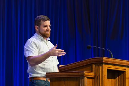 Adam Lickey, lead pastor of Northbrook Church in Three Way, TN, speaks in chapel for the Habakkuk series. - Photo by Naomi Mengel