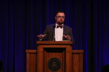 J.P. Barden, pastor of New Vision Baptist Church in Brownsville, TN, speaks in chapel. - Photo by Abigail Aspinwall