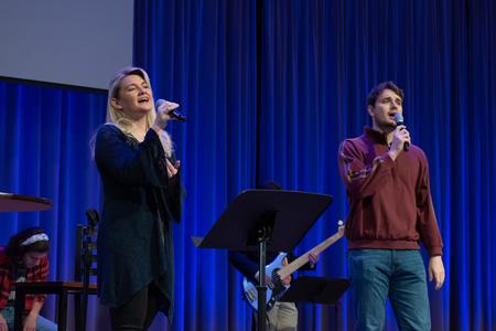 Students lead music in chapel. - Photo by Naomi Mengel