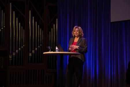 4/14/21 - Catherine Kwasigroh, vice president for institutional advancement, speaks in chapel. - Joey Echeverria