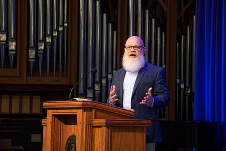Zane Pratt speaks in chapel. - Photo by Joey Echeverria