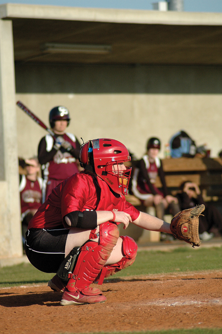 Kylie Sullivan takes her position as catcher in Union's win over Campbellsville. - Photo by Amanda Herron