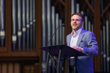 Chris Kouba, lead pastor at United City Church in Humble, TX, speaks in chapel. - Photo by Kristi McMurry Woody