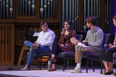 Students sit on a GO Trip panel in chapel. - Photo by Kristi McMurry Woody