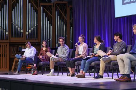 Students sit on a GO Trip panel in chapel. - Photo by Kristi McMurry Woody