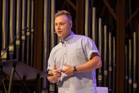 Gunnar with The Traveling Team speaks in chapel during Global Focus Week. - Photo by Abigail Aspinwall