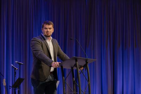 Douglas Renfro, pastor of discipleship at First Baptist Church Jackson, speaks in chapel. - Photo by Cade Smith