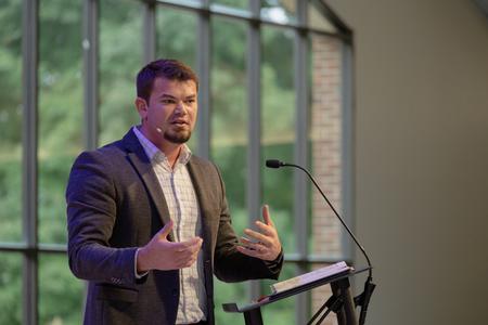 Douglas Renfro, pastor of discipleship at First Baptist Church Jackson, speaks in chapel. - Photo by Cade Smith