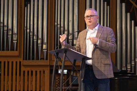 Todd Brady, vice president for university ministries, speaks in chapel. - Photo by Abigail Aspinwall