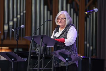 Kay Griffin, class of 1972, speaks in Homecoming chapel for her 50 year reunion. - Photo by Kristi McMurry Woody