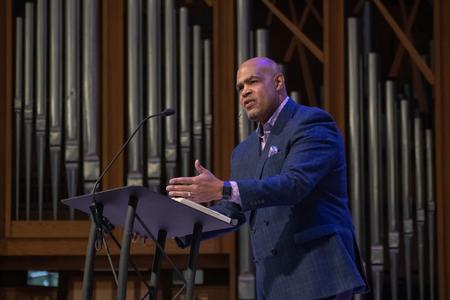 Willie McLaurin, vice president for Great Commission Relations and Mobilization, SBC, speaks in chapel. - Photo by Abigail Aspinwall