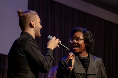 Alex Bope, physics major, and Melinda Patterson, music major, perform during the Fall Jazz Band Concert. - Photo by Cade Smith