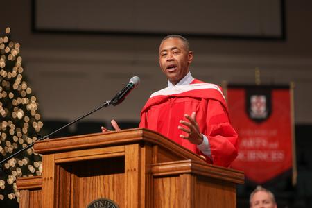 Reginald Thomas, president of PeakePotential, Inc., delivers the commencement address during fall graduation. - Photo by Kristi McMurry Woody