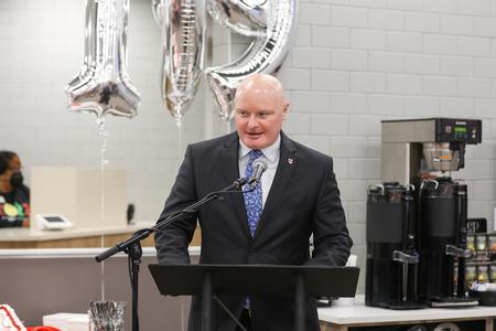 2/14/22 - Rick Taphorn, vice president for business affairs, welcomes guests to the ribbon cutting for the renovated Brewer Dining Hall. - Kristi McMurry Woody