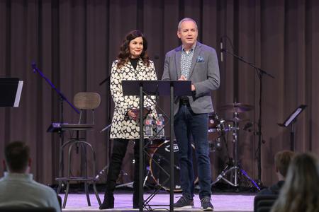 Dub and Susie Oliver, president and first lady of the university, speak during the Family Life chapel series. - Photo by Kristi McMurry Woody